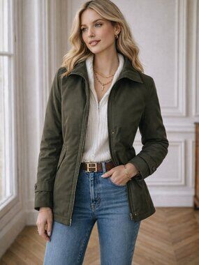 Soia & Kyo Jacket Women’s Brown Cotton Blend Zip Front with Storm Flap Jacket